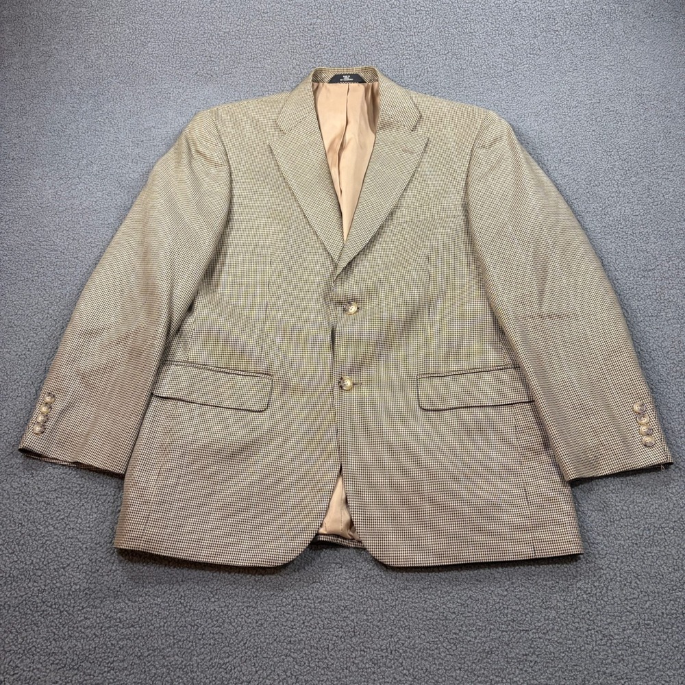Haggar Sport Coat Mens 42R Tan Houndstooth Silk Blend Two Button Blazer Jacket